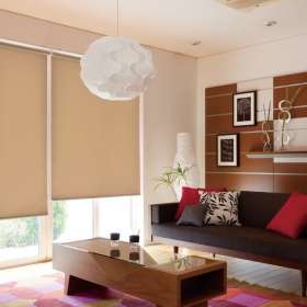 Cozy living room with a dark brown sofa, red and patterned cushions, and a wooden coffee table on a colorful rug.